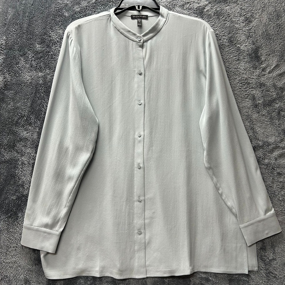 Eileen Fisher Womens Size M Blue Silk Long Sleeve Button Up Top (S2)